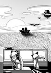 aircraft airship anthro bottomwear building clothed clothing cloud dressing duo field floating_island flower grass island male markings pants plant scar shirt sky skyscape striped_markings striped_tail stripes sun sunrise tail tail_markings tired_eyes topless topwear vehicle waking_up window dragonweirdo cyberconnect2 little_tail_bronx solatorobo elh_melizee red_savarin canid caninu felid felineko mammal absurd_res black_and_white comic hi_res monochrome trans_(lore) trans_man_(lore)