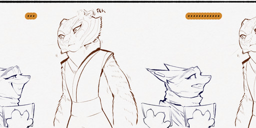 anthro biped cheek_tuft clothed clothing duo ear_flick ellipsis eyebrows facial_tuft female grin holding_object larger_female looking_at_viewer looking_away simple_background size_difference smaller_female smile teeth tuft sabrotiger dreamworks kung_fu_panda master_tigress zhen_(kung_fu_panda) canid canine corsac_fox felid fox mammal pantherine tiger true_fox 2025 comic hi_res herm_(lore)