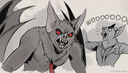 accessory anthro business_suit clothing male necktie solo suit text voice_actor_joke wings cinnashroom dispatch cr1tikal sonar_(dispatch) bat mammal werebat werecreature 2025 hi_res meme spot_color tagme