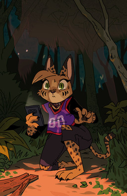 3_toes anthro barefoot black_pawpads bodily_fluids bottomwear cellphone claws clothing collar denim denim_bottomwear denim_clothing detailed_background electronics facial_markings feet female finger_claws forest fur green_eyes head_markings head_tuft holding_object holding_phone jeans jersey kneeling long_sleeve_shirt long_tail looking_at_object looking_at_phone markings pants pawpads paws phone plant plantigrade pointy_ears pose pupils scared shirt slit_pupils smartphone solo spots spotted_body spotted_fur striped_markings stripes sweat sweatdrop tail toe_claws toes topwear torn_bottomwear torn_clothing torn_jeans torn_pants tree tuft yellow_body yellow_fur ruffu pepper_in_the_sandbox pepper_(ruffu) felid feline ghost mammal serval spirit 2025 colored digital_drawing_(artwork) digital_media_(artwork) hi_res meme shaded