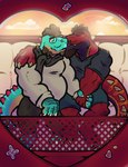 4_fingers 4_toes amusement_ride anthro belly biceps blue_markings body_hair brown_body brown_hair chest_hair claws clothing cloud cushion duo eyewear facial_hair feet fence ferris_wheel fingers glasses goatee green_body green_markings hair hand_holding heart_symbol kissing male markings musclegut muscular muscular_anthro muscular_male mustache outside overweight overweight_anthro overweight_male passionate red_body red_spikes scale_markings scales scarf sideburns sitting sitting_together slightly_chubby slightly_chubby_anthro slightly_chubby_male spiked_tail spikes spikes_(anatomy) sunset sweater tail toe_claws toes topwear triceps v-neck yellow_markings maltus_vandrel imperion_drakon trick_rex_(character) dinosaur prehistoric_species reptile scalie theropod tyrannosaurid tyrannosauroid tyrannosaurus tyrannosaurus_rex absurd_res hi_res