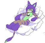 anthro breasts clothing female frown fur green_clothing green_eyes green_inner_ear green_leotard grey_body grey_fur hair leotard markings paws pillow pillow_fort purple_body purple_fur purple_hair purple_markings simple_background sitting solo white_background yajuuraku yajuu_(yajuuraku) domestic_cat felid feline felis mammal 2020 sketch