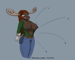 abs anthro antlers belt big_breasts bite biting_lip biting_own_lip blue_clothing blue_eyes blush body_hair bottomwear breasts brown_body brown_fur brown_hair brown_nipples button_(fastener) button_pop clothing denim denim_bottomwear denim_clothing female fur green_clothing hair happy_trail horn jeans long_hair navel nipples pants pubes self_bite simple_background solo tan_body tan_fur teeth wardrobe_malfunction panzerschreckleopard victoria_(panzerschreckleopard) deer mammal moose new_world_deer 2022 absurd_res colored hi_res