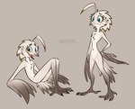 4_toes anisodactyl anthro beak blue_eyes chest_tuft claws feathered_wings feathers featureless_chest featureless_crotch feet female freckles looking_at_viewer nude open_beak open_mouth simple_background skinny smile solo tail tail_feathers toe_claws toes tuft winged_arms wings serareldeer lyra_(w4g4) avian bird potoo