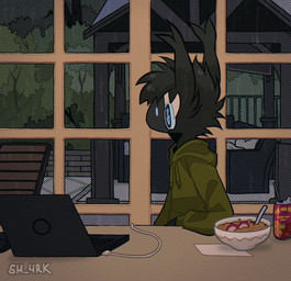 anthro beverage black_body black_fur blue_eyes clothing computer detailed_background electronics food fur green_clothing hoodie inside laptop machine male protogen_visor raining sitting solo topwear sh-4rk moose_(sh-4rk) protogen 2021 hi_res