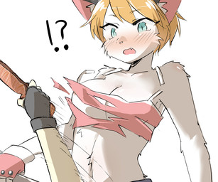 anthro areola areola_slip assisted_exposure blonde_hair blue_eyes blush breasts cleavage clothed clothing disembodied_hand duo embarrassed female fingerless_gloves fur gloves hair handwear inner_ear_fluff interrobang kemono knife midriff motion_lines open_mouth solo_focus topwear torn_clothing torn_topwear tuft weapon white_body white_fur kinokoningen paperman theresa_(paperman) domestic_cat felid feline felis mammal 6:5