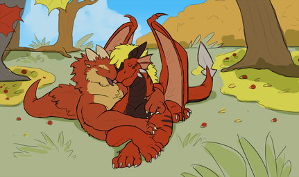 blep duo eyes_closed feral fur grass lying on_front outside plant smile tongue tongue_out tree wings nixx mythology morca_(character) dragon furred_dragon furred_scalie mythological_creature mythological_scalie scalie