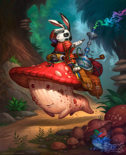 ambiguous_gender anthro armor black_body black_fur blue_body detailed_background forest fungus fur group hookah outside plant red_armor red_body riding rock size_difference smile tree white_body white_fur jim_nelson hex:_shards_of_fate amphibian avian bird elemental_creature frog fungi_fauna lagomorph leporid mammal rabbit 2017 digital_media_(artwork) hi_res official_art