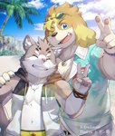 aloha_shirt anthro beach clothing duo eyewear gesture grin hand_gesture male muscular muscular_arms one_eye_closed pattern_clothing pattern_shirt pattern_topwear seaside shirt sleeveless_hoodie slightly_chubby smile sunglasses swimwear topwear v_sign wink ponzu_tas lifewonders live_a_hero tokyo_afterschool_summoners hisaki_(live_a_hero) sitri_(tas) canid canine canis domestic_cat domestic_dog felid feline felis mammal