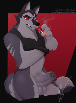 4_fingers anthro balls big_balls big_penis black_body black_border black_claws black_clothing black_fur black_nose black_shirt black_tank_top black_topwear blind_eye border bottomless cigarette claws clothed clothing erection fangs finger_claws fingers fluffy fluffy_tail foreskin fur genitals glans grey_balls grey_body grey_fur grey_glans grey_inner_ear grey_markings grey_penis half-closed_eyes hand_under_shirt holding_cigarette holding_object humanoid_genitalia humanoid_penis lit_cigarette looking_away male markings narrowed_eyes notched_ear penis profanity pubes pupils raised_clothing raised_shirt raised_topwear red_background red_sclera shirt simple_background smoke smoking solo speech_bubble tail tank_top teeth thick_penis thick_thighs topwear vein veiny_penis white_eyes raccoondouglas hellaverse helluva_boss vortex_(helluva_boss) canid canine canis mammal wolf 2021 hi_res
