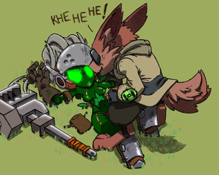 armor breasts brown_body brown_fur bruised clothed clothing defeat duo female fur grass green_body green_eyes green_skin grey_hair hair headgear helmet nipples non-mammal_nipples panties plant restrained tools torn_clothing underwear wearing_helmet wrench mu7e grey_havens spiral_knights gremlin_(spiral_knights) spiral_knight_(species) 2019 hi_res source_request