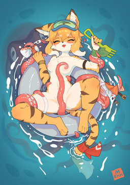 accessory anthro anthro_on_feral armband bestiality bikini blush breasts claws clothed clothing duo excited eyes_closed eyewear female feral fur furgonomics goggles heart_symbol holding_object looking_pleasured navel nipple_fetish nipple_play nipples no_bra nude open_mouth pool_float red_tentacles restrained_arm spread_legs spreading stripes swim_ring swimming_goggles swimwear tail tail_accessory tailband tapering_tentacles tentacle_grab tentacle_on_arm tentacle_on_breast tentacle_on_chest tentacle_on_legs tentacle_on_nipple tentacle_on_pussy tentacles toe_claws two-piece_swimsuit undressed vaginal water yellow_body yellow_fur mzhh cygames world_flipper mia_(world_flipper) aquatic cephalopod coleoid felid mammal mollusk octopodiform octopus pantherine tiger hi_res