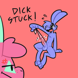 3_toes anthro arm_tuft balls blue_body blue_fur bodily_fluids cheek_tuft chest_tuft condom duo erection facial_tuft feet fur genitals green_body green_fur grumpy hair hair_over_eye half-closed_eyes humor male male/male narrowed_eyes one_eye_obstructed open_mouth orange_background penis pink_body pink_fur sexual_barrier_device shoulder_tuft simple_background sitting sitting_on_ground stuck stuck_genitals stuck_penis tears teary_eyes toes tuft wearing_condom wide_eyed xing1 xing_(xing1) lagomorph leporid mammal rabbit 1:1 absurd_res hi_res