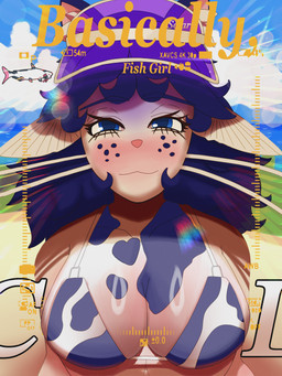 1980s_theme animal_print animal_print_bikini anthro barbel_(anatomy) beach bedroom_eyes big_breasts bikini blue_ears blue_eyes blush breasts clothing cloud cow_print cow_print_bikini curly_hair female fin freckles gradient_hair hair humanoid_face inner_ear_fluff lake lens_flare narrowed_eyes non-mammal_breasts pattern_bikini pattern_clothing pattern_swimwear pink_body retro retro_anime_style seductive simple_background smile smiling_at_viewer solo sun sun_visor swimwear tuft two-piece_swimsuit water wavy_hair white_body daybreakfade celine_(daybreakfade) aquatic catfish fish 3:4 absurd_res cover hi_res huge_filesize magazine_cover