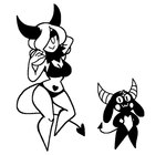 2_horns alternate_costume belly belly_markings black_bra black_clothing black_eyelids black_horn black_markings black_panties black_tuft black_underwear bra clothing clothing_swap duo female hair hand_behind_head hand_on_hair hand_on_hip head_tuft heart_(marking) horn looking_at_viewer markings neck_tuft one_eye_obstructed panties pupils slit_pupils smile spade_tail tail tuft underwear wavy_mouth white_cheeks white_horn wide_hips oolongearlgrey demon demon_humanoid humanoid succubus monochrome