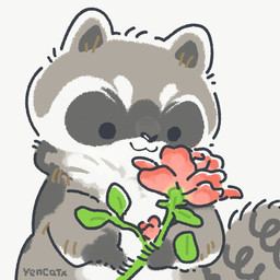 biped black_eyes black_nose chibi dot_eyes feral flower grey_body plant simple_background simple_eyes solo white_body yencatx mammal procyonid raccoon 1:1 2021
