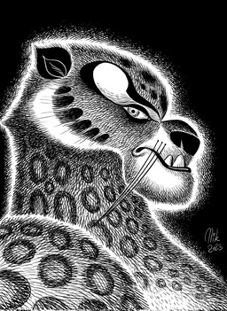 anthro fangs fur looking_at_viewer male markings mouth_closed side_view solo spots spotted_body spotted_fur teeth text underbite whiskers nikraccoom dreamworks kung_fu_panda tai_lung_(kung_fu_panda) felid mammal pantherine snow_leopard 2023 english_text half-length_portrait hi_res monochrome portrait signature