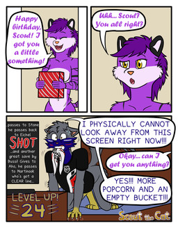 anthro bedroom biting_towel black_body black_fur black_stripes blue_body blue_fur bodily_fluids bodypaint bottomless breasts brown_eyes clenched_teeth clothed clothing confusion constricted_pupils cute_fangs dialogue duo electronics face_paint fangs female fur gift grey_body grey_fur hair logo male markings navel pupils purple_body purple_fur purple_hair shirt small_pupils smile striped_body striped_fur striped_markings striped_tail stripes sweat sweatdrop t-shirt_design tail tail_markings teeth television text topwear towel white_body white_fur worried yellow_body yellow_eyes yellow_fur scoutthecat02 nhl crystal_the_tiger scout_the_cat_(character) domestic_cat felid feline felis mammal pantherine tiger comic english_text hi_res