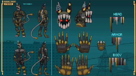 anthro armor claws detailed_background digit_ring digitigrade fangs finger_claws jewelry machine male ring solo tail tail_hand teeth toe_claws unusual_anatomy unusual_tail wedding_ring kiar_riptide fiera_(kiar_riptide) android humanoid robot robot_anthro digital_media_(artwork) model_sheet pixel_(artwork)