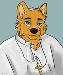 anthro clothed clothing cross cross_necklace fur jewelry male necklace pope simple_background solo unknown_artist john_paul_the_ii canid canine canis mammal 5:6 hi_res