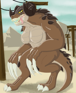 abs anthro background_shot bodily_fluids breasts claws drooling female glistening glistening_body horn muscular muscular_female saliva saliva_on_tongue saliva_string sharp_teeth sky solo tail teeth tongue tongue_out yellow_eyes crazy_8_animations fallout microsoft deathclaw scalie shaded simple_shading