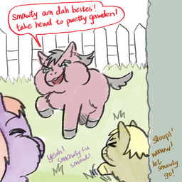 >_< ambiguous_feral ambiguous_gender black_tail blonde_hair color_coded_text dialogue eyes_closed fence feral fur garden grass green_body green_fur group hair looking_at_another open_mouth orange_hair outside plant purple_body purple_fur red_body red_fur smile smiling_at_another smug struggling tail teeth text trio young young_ambiguous young_feral yellowcottoncandy030 fluffy_pony fluffy_pony_(species) mammal 1:1 2025 broken_english digital_drawing_(artwork) digital_media_(artwork) english_text hi_res