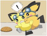 ambiguous_gender blush cookie duo food looking_at_object lying open_mouth orange_body yellow_body pichu90 nintendo pokemon neo_pichu sparks_pichu generation_2_pokemon pichu pokemon_(species)