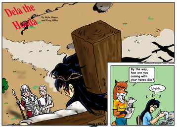 anthro armor black_hair blood bodily_fluids breasts clothed clothed_female clothed_male clothing crucifixion dialogue dipstick_ears ear_markings eyewear female fur glasses gloves_(marking) group hair male markings multicolored_ears orange_body orange_fur orange_hair paper roman_soldier taxes text white_hair style_wager dela_the_hooda dela_aldershaw sue_chan_(dela_the_hooda) canid canine fox hooda human mammal 2000 comic english_text