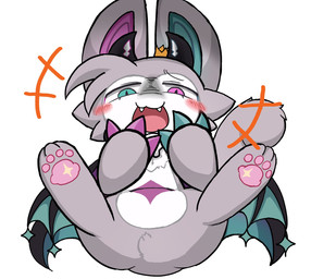 anthro blush fur grey_body grey_fur heterochromia male pawpads smug solo spread_legs spreading suggestive_pose wings kusozakosummon devil_connection makemon devilun_(makemon) demon hi_res