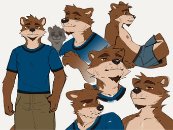 anthro biped blue_clothing blue_shirt blue_topwear bottomwear brown_body brown_bottomwear brown_clothing brown_fur brown_shorts clothing duo facial_hair fur goatee male red_eyes shirt shorts slim_anthro slim_male solo_focus standing topwear hemuchang echo_(game) echo_(series) echo_project chase_hunter sydney_bronson mammal mustelid otter 4:3 hi_res