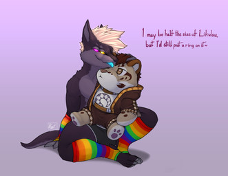 anthro armwear clothing dialogue glowing glowing_hair glowing_tongue hair hug hugging_object hugging_plushie legwear looking_at_viewer male multi_eye multicolored_armwear multicolored_clothing multicolored_legwear multicolored_stockings plushie rainbow_armwear rainbow_clothing rainbow_legwear rainbow_stockings sitting solo stockings text tongue tongue_out geno28 nekojishi studio_klondike kurt_the_thunderfloof likulau alien ambiguous_species felid feline mammal absurd_res english_text hi_res watermark