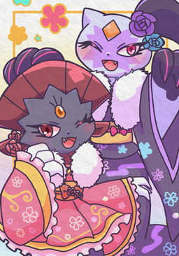 ambiguous_gender anthro blush blush_lines claws duo eyelashes fangs forehead_gem gem grey_body looking_at_viewer one_eye_closed open_mouth pink_eyes purple_body red_eyes teeth tongue tsuku_neee nintendo pokemon generation_4_pokemon generation_8_pokemon pokemon_(species) sneasler weavile 2026 hi_res