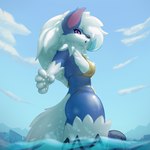 anthro beach bikini clothing cloud female sea sky solo swimwear two-piece_swimsuit water andy_234 nintendo pokemon fan_character canid canine generation_7_pokemon lycanroc mammal midnight_lycanroc pokemon_(species) shiny_pokemon absurd_res hi_res