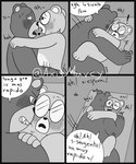 anthro blush duo exclamation_point eyewear glasses heart_symbol humanoid_hands lying male text axismarcy unicorn_wars padre_(unicorn_wars) sargento_caricias bear mammal 2023 absurd_res comic hi_res monochrome translated