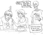 birthday_cake bodily_fluids bone cake candle clothing dessert female food group hat headgear headwear humanoid_pointy_ears male party_hat pointy_ears shirt simple_background skeleton sweat text text_on_clothing text_on_shirt text_on_topwear topwear trio baalbuddy neon_genesis_evangelion rei_ayanami canid canine elf human humanoid mammal english_text hi_res monochrome