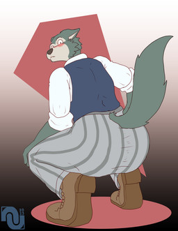 anthro blush bottomwear brown_clothing brown_footwear brown_shoes bubble_butt butt butt_focus clothing crouching ears_back footwear fur grey_body grey_fur hand_on_knee hand_on_leg legwear looking_at_viewer male multicolored_body multicolored_fur pants pattern_bottomwear pattern_clothing pattern_legwear pattern_pants pivoted_ears raised_tail school_uniform shoes simple_background solo striped_bottomwear striped_clothing striped_legwear striped_pants stripes surprised tail two_tone_body two_tone_fur uniform nenanauso beastars legoshi_(beastars) canid canine canis mammal wolf 2023 hi_res