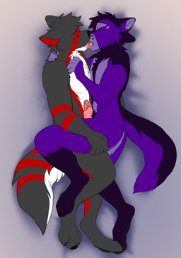 animal_genitalia animal_penis anthro bed canine_genitalia canine_penis claws duo frottage fur fur_markings furniture genitals grey_body grey_fur kissing lying lying_on_bed male male/male markings multicolored_body multicolored_fur on_bed paws penile penis penises_touching pink_penis pubes purple_body purple_fur red_body red_fur sex tongue tongue_out white_body white_fur jailbird aura_(furrypurpleaura) canid canine fox mammal 2023 hi_res