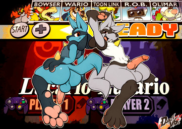 anthro balls black_body black_fur blue_body blue_fur butt chest_spike controller curved_horn dreadlocks duo_focus erection fangs feet foot_focus fur game_controller genitals grey_body grey_fur group half-closed_eyes horn hybrid_genitalia hybrid_penis knot machine male narrowed_eyes nintendo_controller open_mouth open_smile pawpads paws penis perineum pink_pawpads smile smirk smug smug_face spikes spikes_(anatomy) teeth white_body white_fur dustythebat gamecube mario_bros nintendo nintendo_entertainment_system pikmin pokemon super_smash_bros. the_legend_of_zelda wind_waker bowser olimar r.o.b. toon_link wario generation_4_pokemon generation_7_pokemon human hylian incineroar koopa lucario mammal pokemon_(species) robot scalie absurd_res hi_res