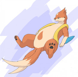 2_tails ambiguous_gender arm_fin black_pawpads blue_background claws dipstick_tail feet feral fin fur gloves_(marking) grey_eyes hand_on_belly hand_on_own_belly looking_down looking_down_at_self lying markings membrane_(anatomy) multi_tail narrowed_eyes on_back orange_body orange_fur pawpads simple_background slightly_chubby slightly_chubby_ambiguous slightly_chubby_feral solo spread_legs spreading tail tail_markings tan_body tan_fur toes webbed_feet white_background harker_(artist) nintendo pokemon floatzel generation_4_pokemon pokemon_(species) hi_res