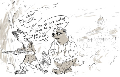 aged_down anthro building clothed clothing dialogue duo female high_school male school speech_bubble text nobby_(artist) disney zootopia honey_badger_(zootopia) nick_wilde badger canid canine fox honey_badger mammal mustelid musteline red_fox true_fox black_and_white english_text hi_res monochrome