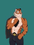 abs anthro body_hair bottomwear bulge chest_hair clothing fur hair male muscular muscular_male nipples orange_body orange_fur pants pecs pink_nipples pubes scar solo striped_body stripes white_body white_fur nicofross epic_games fortnite oscar_(fortnite) felid feline mammal pantherine tiger 2023 3:4 hi_res