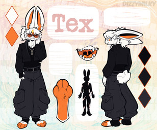 anthro biped black_clothing bottomwear clothing eyewear female female_anthro fur glasses highlights_(coloring) jacket long_ears_wrap looking_at_viewer orange_eyes oversized_bottomwear oversized_clothing oversized_pants pants paws pockets solo standing topwear white_body white_fur dizzymilky lagomorph leporid mammal rabbit absurd_res hi_res model_sheet