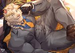 anthro blonde_hair blue_eyes braided_hair clothing fur hair looking_at_viewer male muscular muscular_anthro muscular_male necktie pinstripe_suit solo suit white_body white_fur estper lifewonders live_a_hero astosis felid lion mammal pantherine absurd_res hi_res