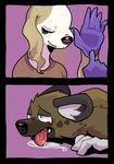 anthro blush bodily_fluids clothing dominant dominant_female drooling duo female gloves handwear male male/female offscreen_sex saliva submissive submissive_male tears tongue tongue_out vetiver_n aggretsuko sanrio haida_(aggretsuko) inui_(aggretsuko) borzoi canid canine canis domestic_dog hunting_dog hyena mammal sighthound spotted_hyena hi_res