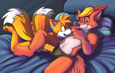 4_fingers 4_toes anthro barefoot bed bedroom bycocket clothed clothing cuddling dipstick_tail duo fangs feet fingers fur furniture grope half-closed_eyes hand_in_underwear handjob hat headgear headwear inside lifting loose_feather lying male male/male markings narrowed_eyes open_mouth orange_body orange_fur paws penile pillow romantic romantic_couple sex skimpy smile speedo spread_legs spreading swimwear tail tail_markings teeth toes topless underwear underwear_only white_body white_fur roarey_raccoon third-party_edit disney robin_hood_(disney) sega sonic_the_hedgehog_(series) miles_prower robin_hood canid canine fox mammal red_fox true_fox crossover source_request