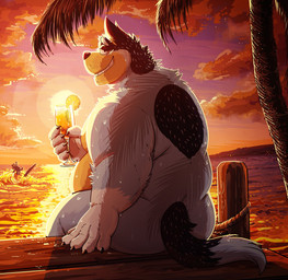 alcohol anthro bedroom_eyes belly beverage claws cloud container cup day detailed_background docks eyebrows food fruit fur glass glass_container glass_cup holding_beverage holding_container holding_cup holding_object lemon looking_at_viewer looking_back looking_back_at_viewer male moobs narrowed_eyes nude outside overweight overweight_anthro overweight_male palm_tree plant rope seaside seductive shadow sitting sky smile solo sun sunset teeth tree tuft water wave wet wet_body wet_fur fatglaz bluey_(series) bandit_heeler australian_cattle_dog canid canine canis cattledog domestic_dog herding_dog mammal pastoral_dog 2024 hi_res