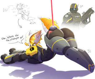 anthro armor ass_up big_butt biped black_clothing breasts butt clothed clothing dialogue female gun holding_object holding_weapon ranged_weapon shadow simple_background speech_bubble text thick_thighs weapon yellow_body arzy_parzy helldivers arthropod human insect mammal english_text hi_res