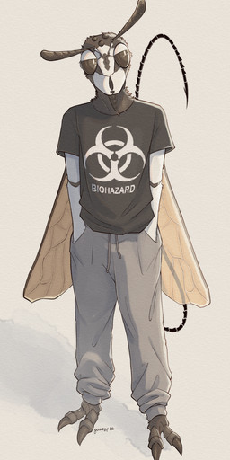 antennae_(anatomy) anthro barefoot biohazard_symbol_print black_body black_clothing black_shirt black_t-shirt black_topwear bottomwear brown_claws claws clothed clothing down_the_leg_bulge drawstring_pants drawstring_sweatpants feet fully_clothed grey_sweatpants hands_in_both_pockets insect_wings looking_at_viewer male mandibles pants print_clothing print_shirt print_t-shirt print_topwear shirt simple_background solo standing stinger sweatpants t-shirt text text_on_clothing text_on_shirt text_on_t-shirt text_on_topwear toe_claws topwear white_background white_body wings gunwasp arthropod bald-faced_hornet hymenopteran insect vespid wasp yellowjacket_(wasp) 2025 clip_studio_paint_(artwork) digital_drawing_(artwork) digital_media_(artwork) full-length_portrait hi_res portrait shaded