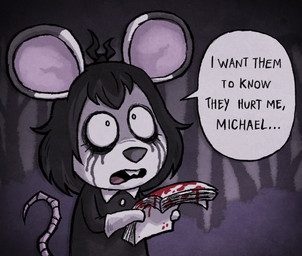alternative_fashion anthro black_hair blood blood_splatter bodily_fluids constricted_pupils crying female fur goth hair holding_object makeup mascara messy_hair mouse_tail pupils running_makeup running_mascara sad small_pupils solo tears text white_body white_fur wide_eyed winter_grimwell animal_crossing jabroni_mike nintendo mammal mouse murid murine rat rodent english_text