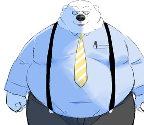 accessory anthro biped black_nose bottomwear clothing eyewear fur glasses kemono male necktie overweight overweight_male pants shirt simple_background solo standing suspenders tongue tongue_out topwear white_background white_body white_fur sessa bear mammal polar_bear ursine 2026